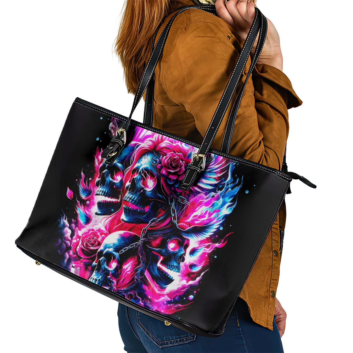Flame Skull Leather Tote Bag The Good Girl In Me Got Tired Of The Bullshit DT01