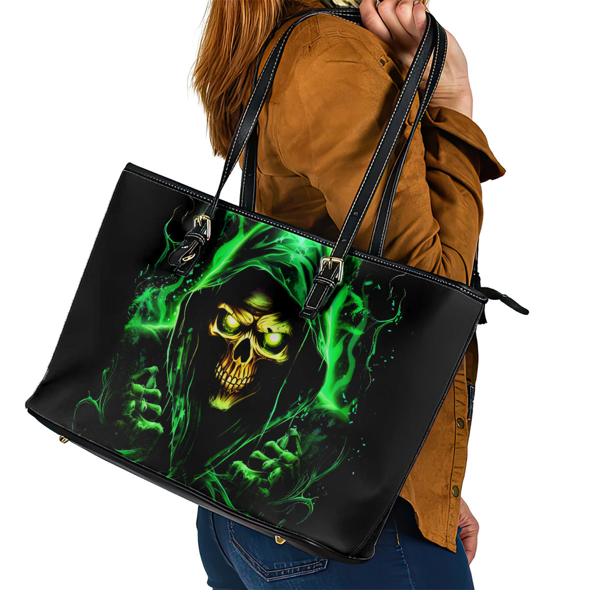Flame Skull Leather Tote Bag Of Course I'm Going To Hell I'm Just Here To Pick You Up DT01