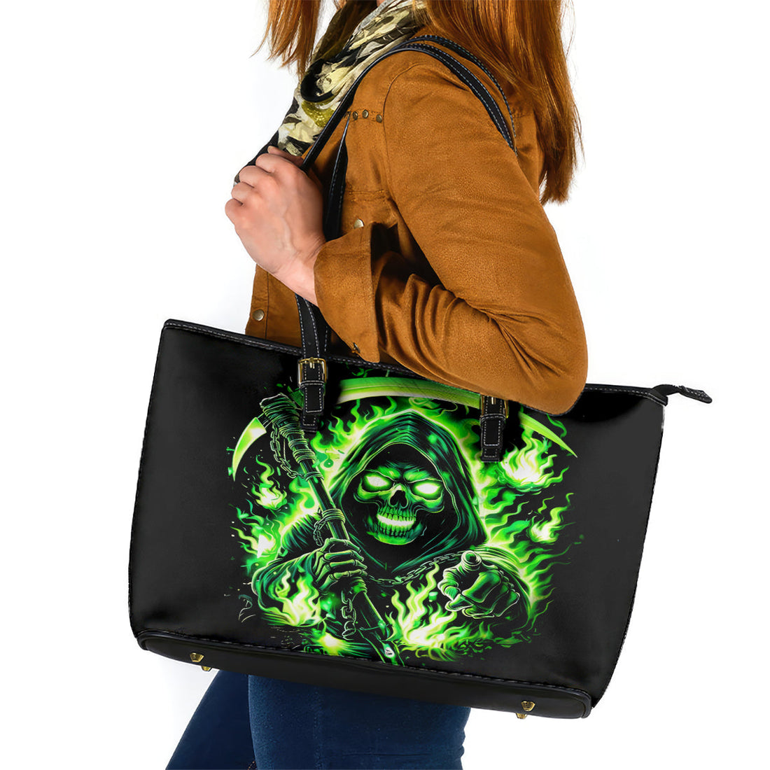 Flame Reaper Skull Leather Tote Bag Stop Asking Why I'm An Asshole I Don't Ask Why You So Stupid DT01