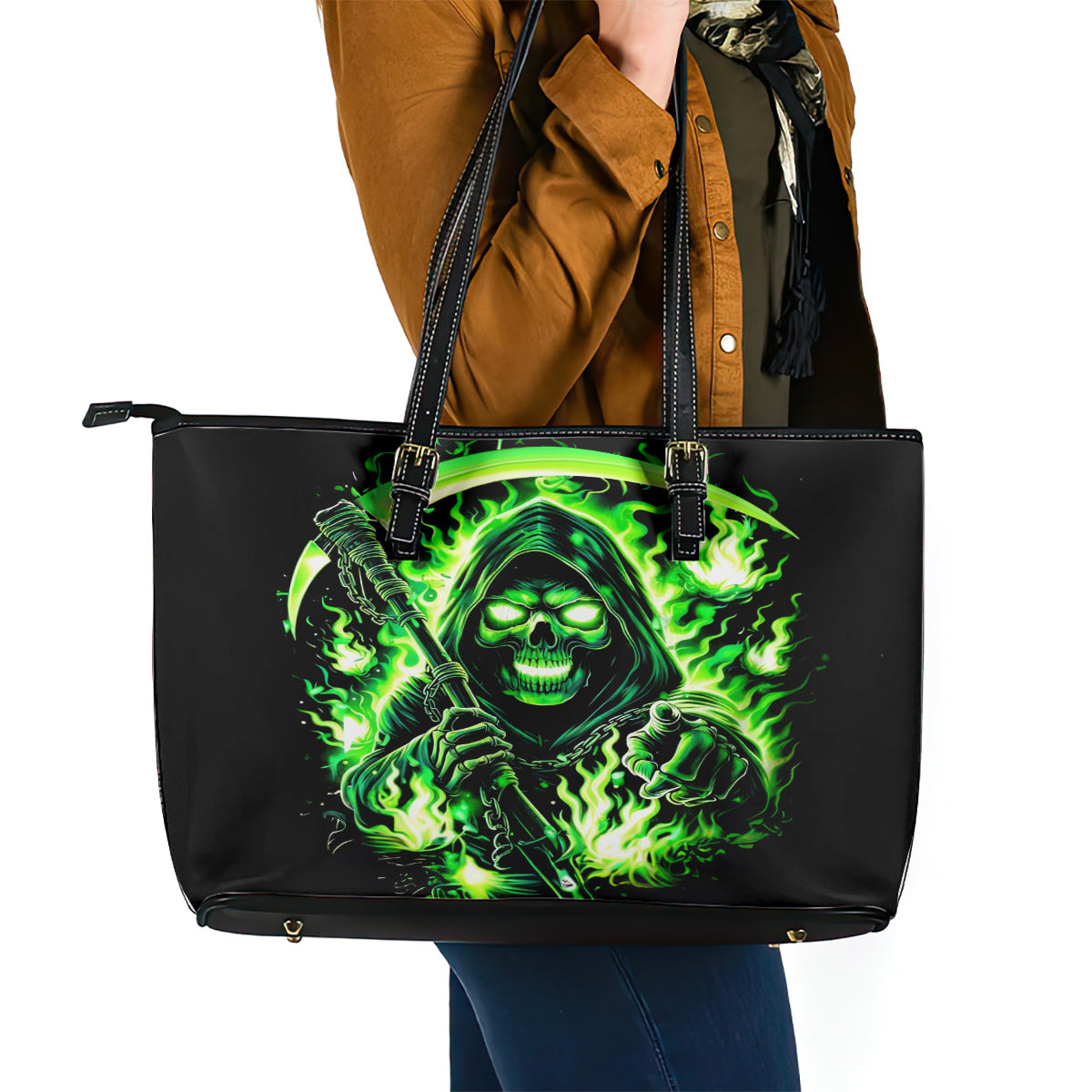 Flame Reaper Skull Leather Tote Bag Stop Asking Why I'm An Asshole I Don't Ask Why You So Stupid DT01