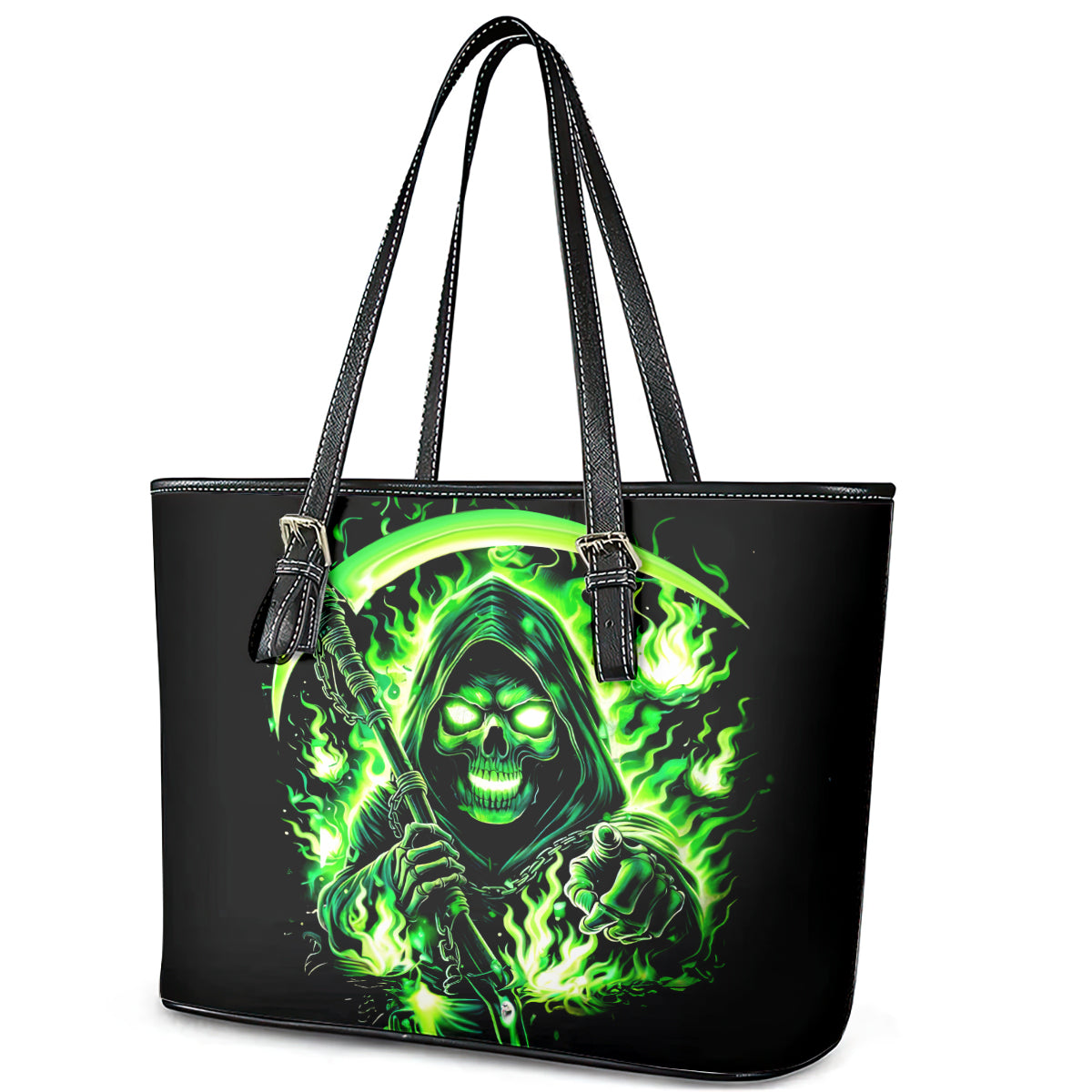 Flame Reaper Skull Leather Tote Bag Stop Asking Why I'm An Asshole I Don't Ask Why You So Stupid DT01