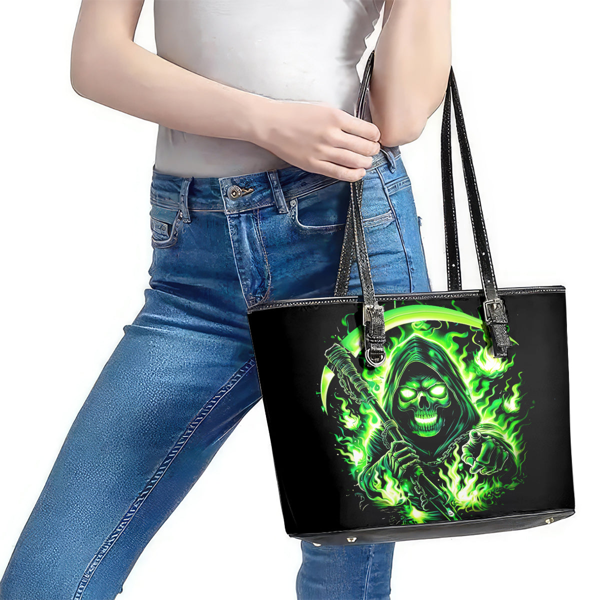 Flame Reaper Skull Leather Tote Bag Stop Asking Why I'm An Asshole I Don't Ask Why You So Stupid DT01
