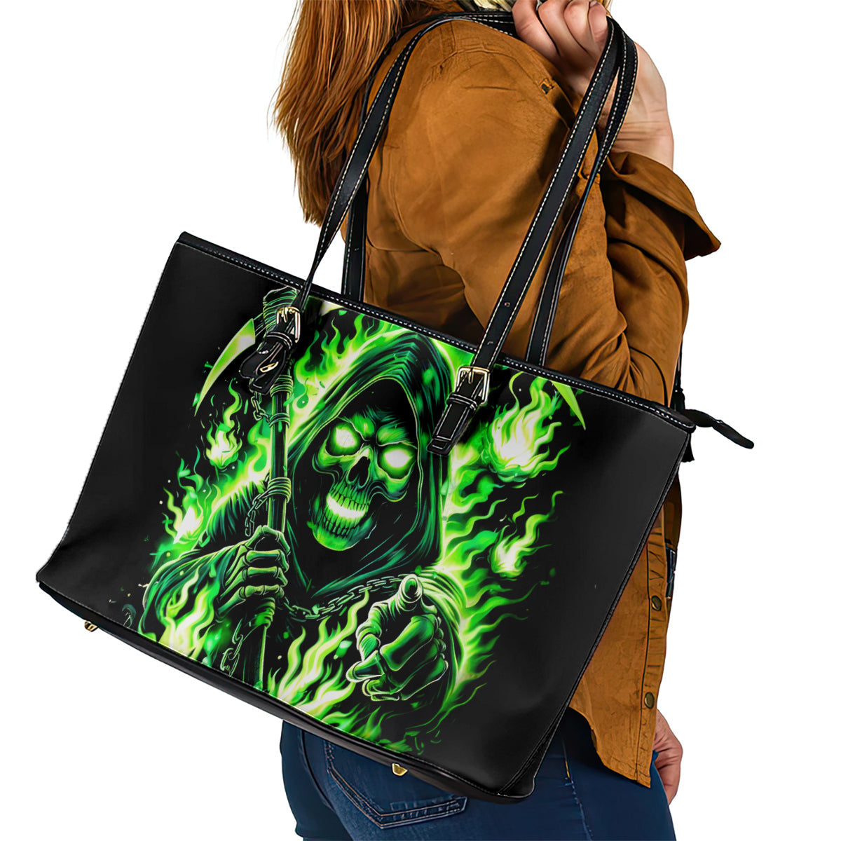 Flame Reaper Skull Leather Tote Bag Stop Asking Why I'm An Asshole I Don't Ask Why You So Stupid DT01
