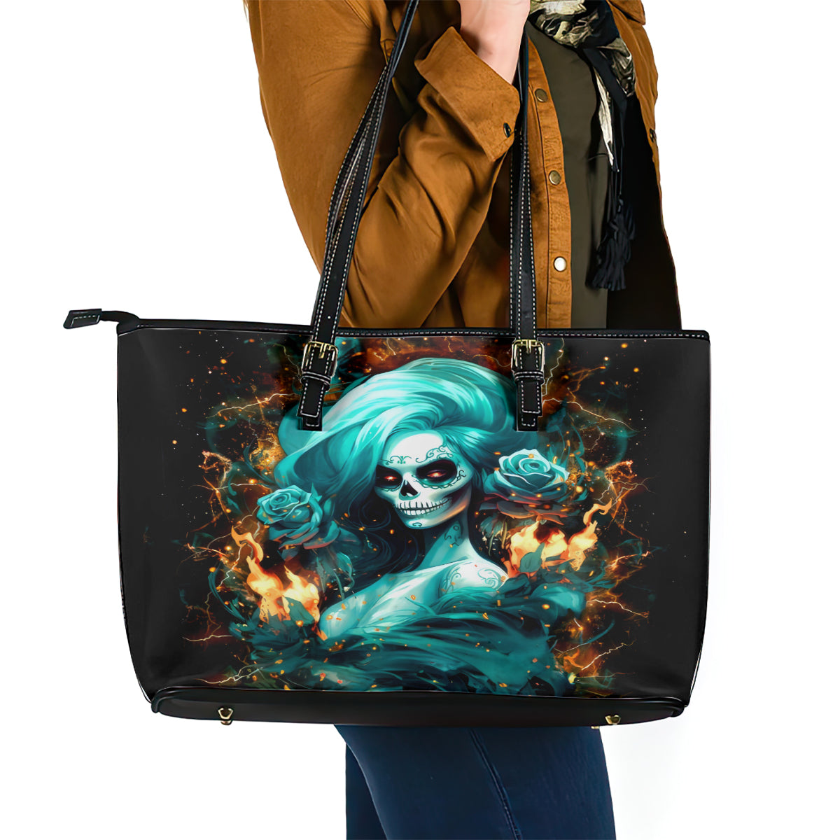 Flame Girl Skull Leather Tote Bag Assuming I Was Like Most Girls Was Your First Mistake DT01