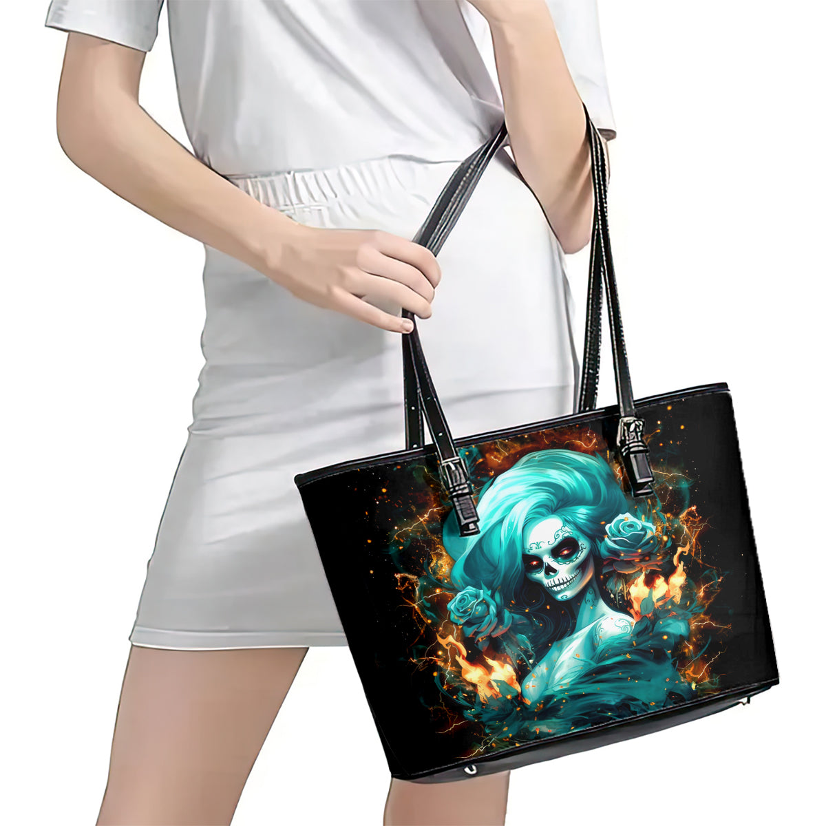 Flame Girl Skull Leather Tote Bag Assuming I Was Like Most Girls Was Your First Mistake DT01