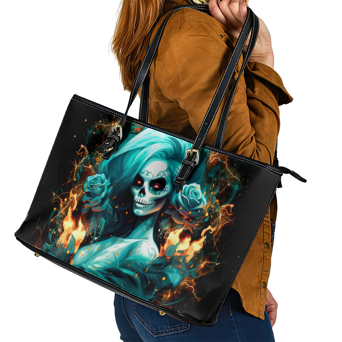 Flame Girl Skull Leather Tote Bag Assuming I Was Like Most Girls Was Your First Mistake DT01