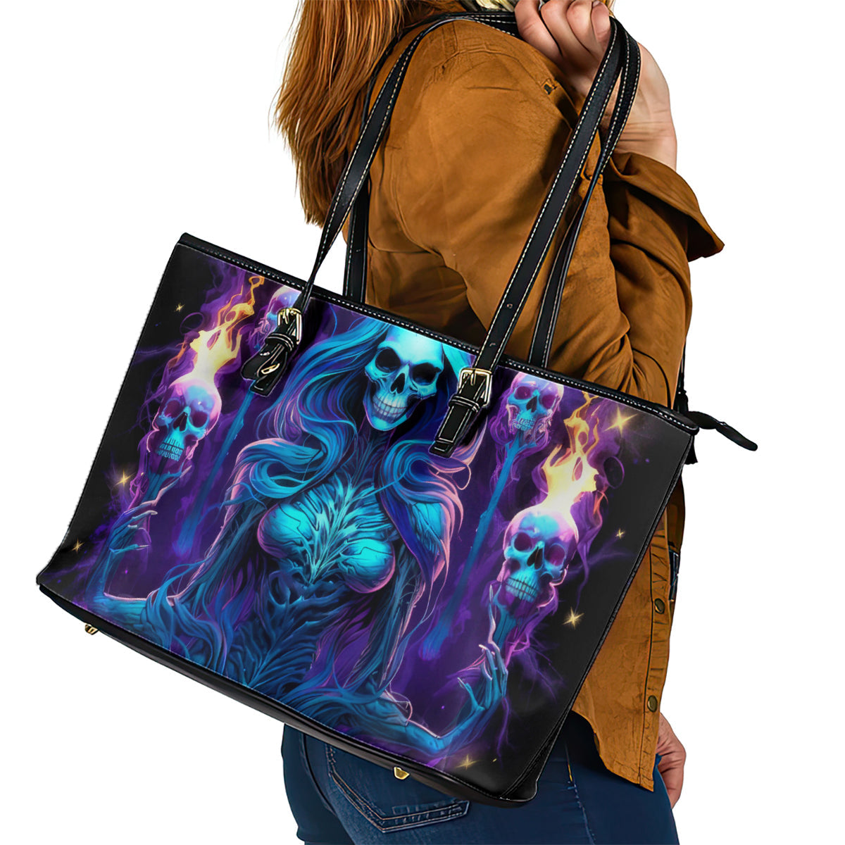 Witch Skull Leather Tote Bag Wake Up Beasuty I't Time To Beast DT01