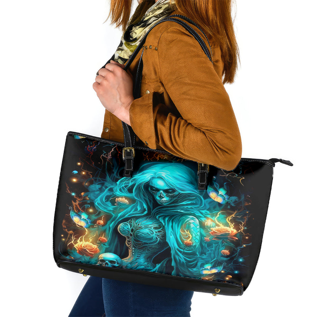 Witch Skull Leather Tote Bag She Whispered Back Iam The Storm DT01