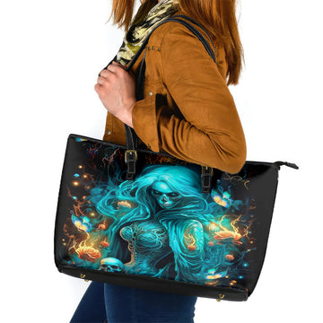 Witch Skull Leather Tote Bag She Whispered Back Iam The Storm DT01