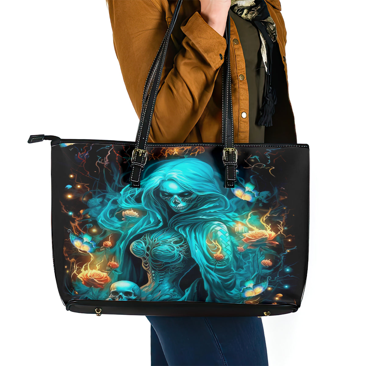 Witch Skull Leather Tote Bag She Whispered Back Iam The Storm DT01