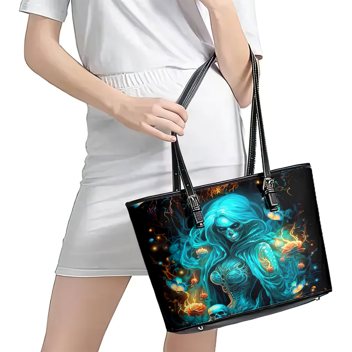 Witch Skull Leather Tote Bag She Whispered Back Iam The Storm DT01