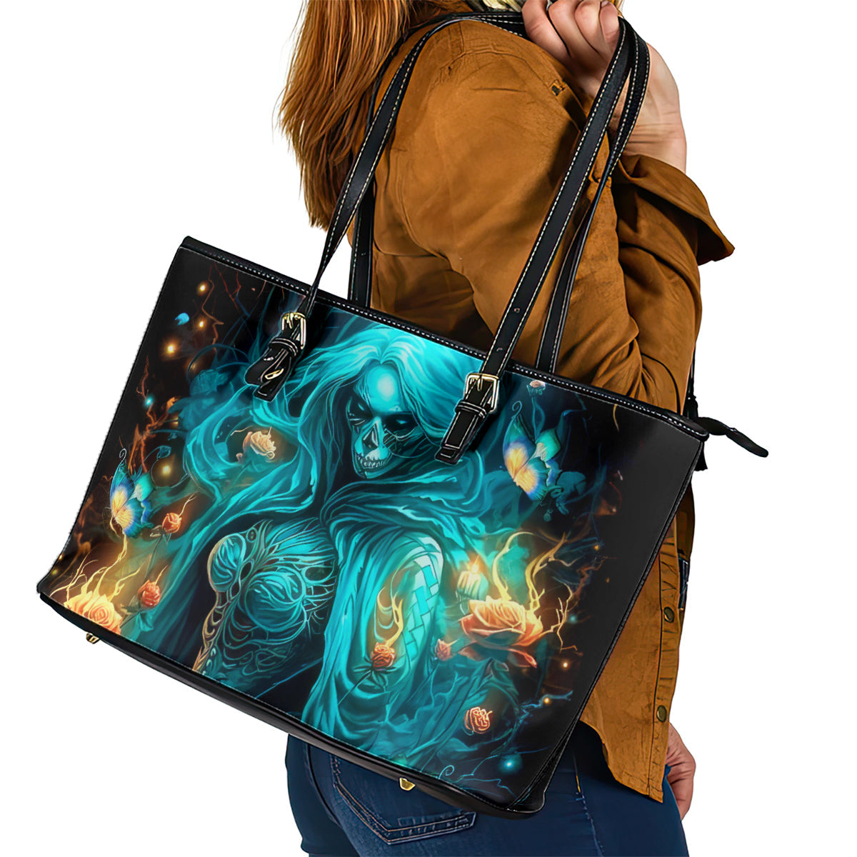Witch Skull Leather Tote Bag She Whispered Back Iam The Storm DT01