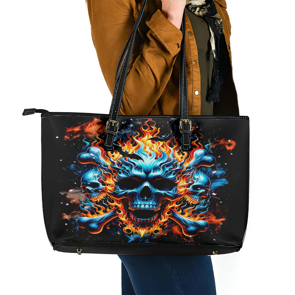 Flame Skull Leather Tote Bag When I Was Born The Devil Said Ohh Shit Competition DT01