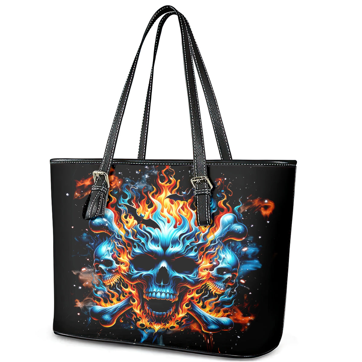 Flame Skull Leather Tote Bag When I Was Born The Devil Said Ohh Shit Competition DT01