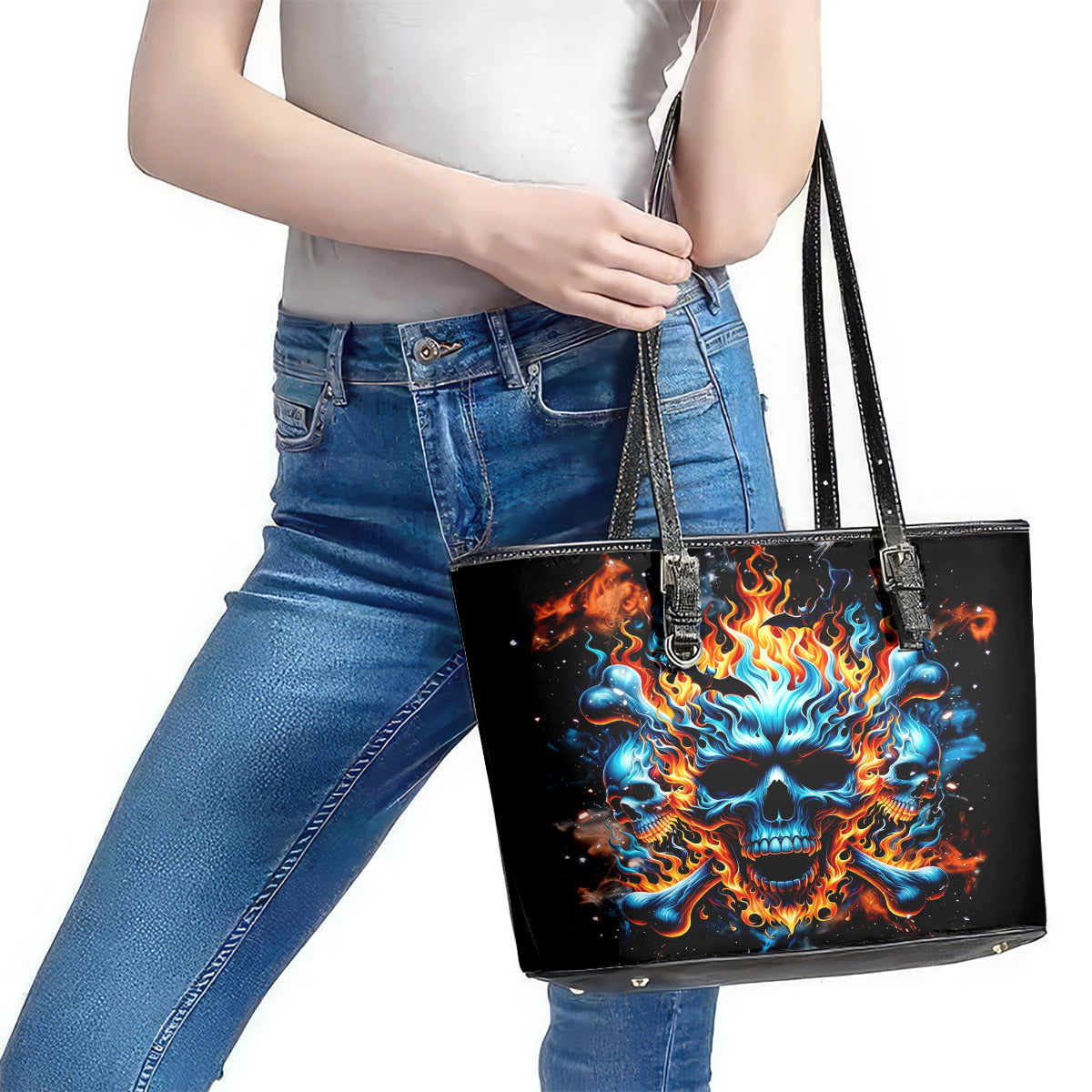 Flame Skull Leather Tote Bag When I Was Born The Devil Said Ohh Shit Competition DT01