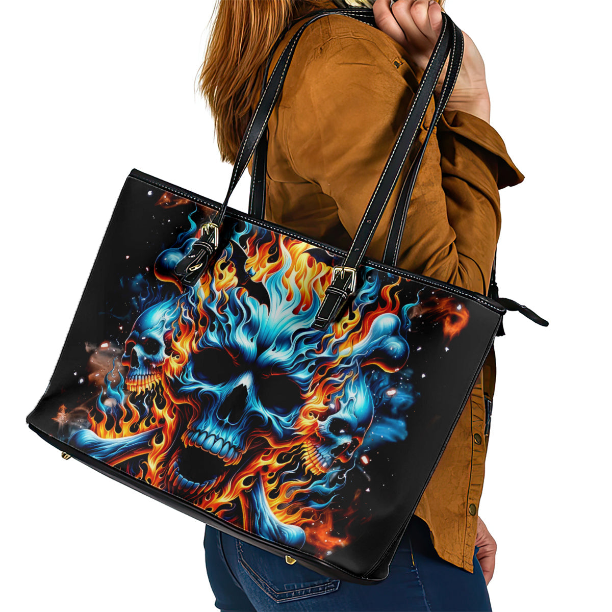 Flame Skull Leather Tote Bag When I Was Born The Devil Said Ohh Shit Competition DT01