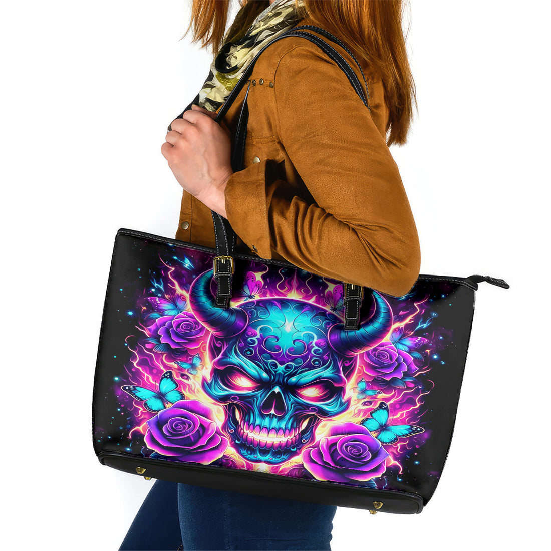 Thunder Skull Leather Tote Bag Love Me Like My Demons Do DT01