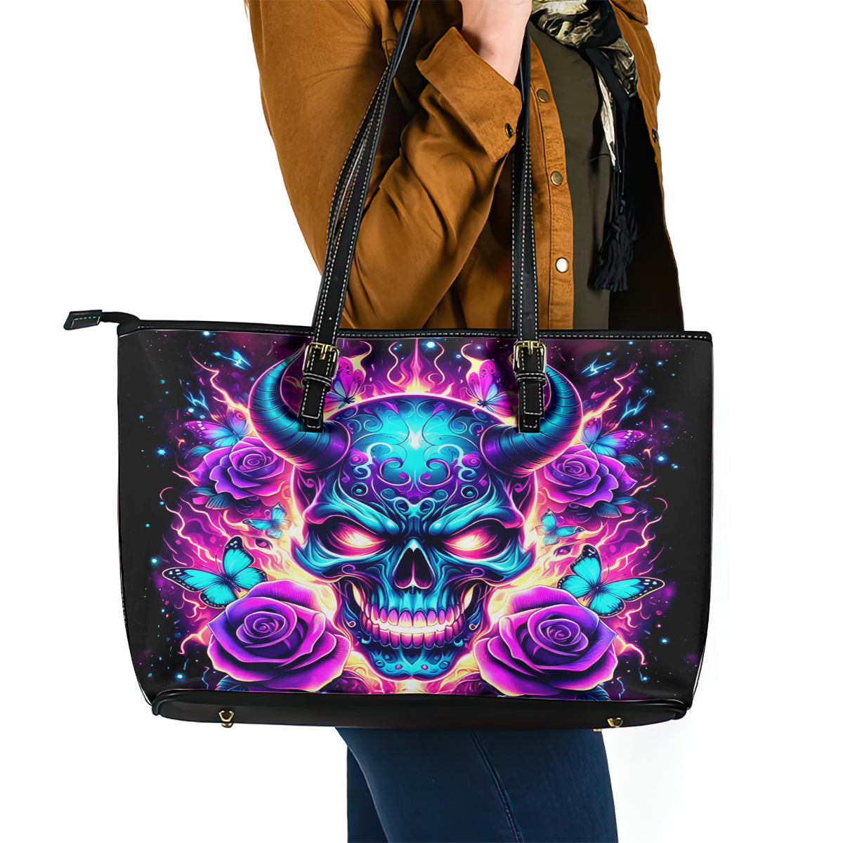 Thunder Skull Leather Tote Bag Love Me Like My Demons Do DT01