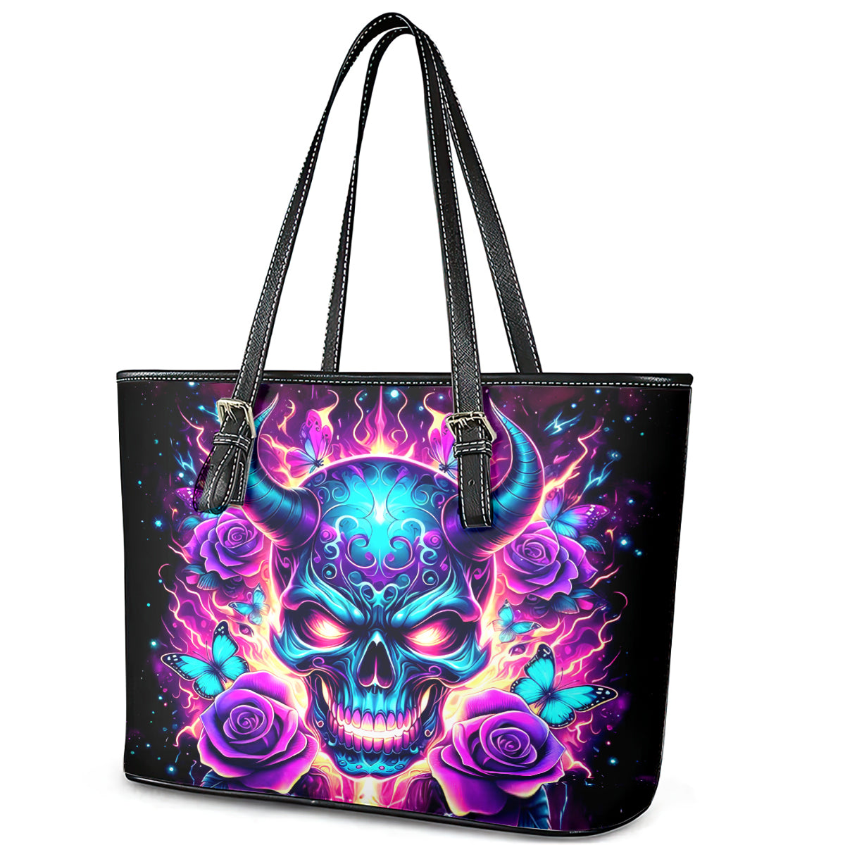 Thunder Skull Leather Tote Bag Love Me Like My Demons Do DT01