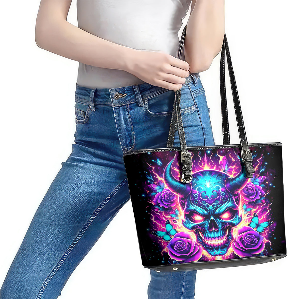 Thunder Skull Leather Tote Bag Love Me Like My Demons Do DT01