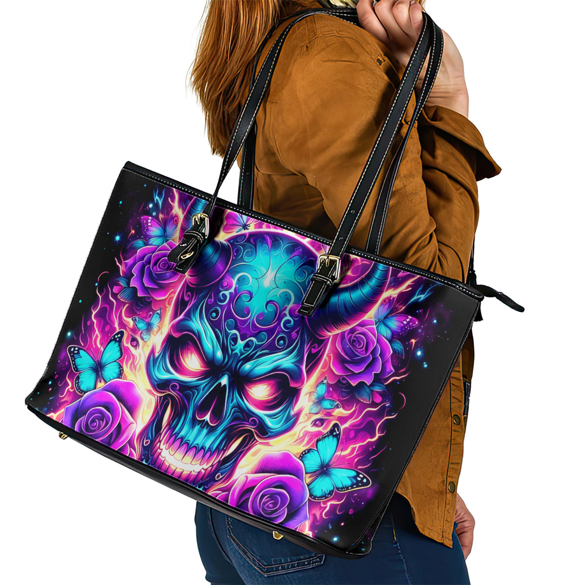 Thunder Skull Leather Tote Bag Love Me Like My Demons Do DT01