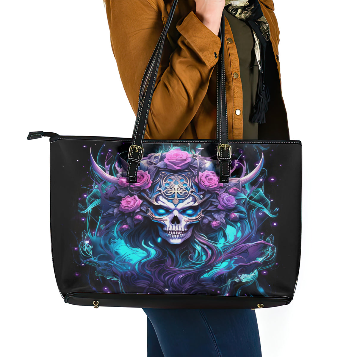 Rose Skull Leather Tote Bag I'm Never Alone My Demons Are With Me 24/7 DT01