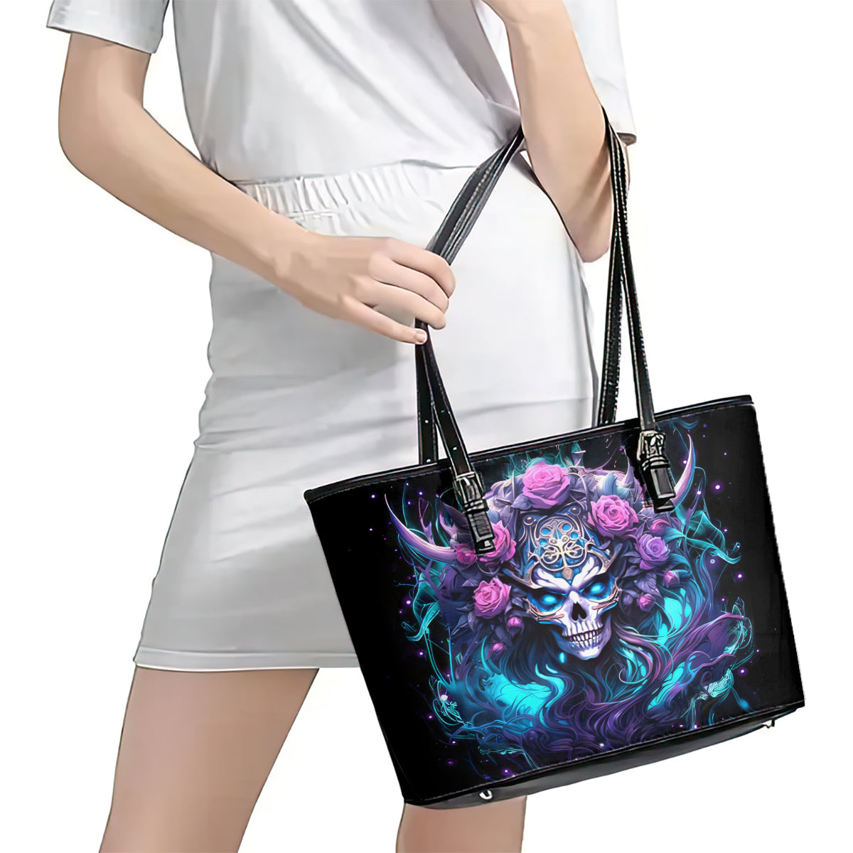 Rose Skull Leather Tote Bag I'm Never Alone My Demons Are With Me 24/7 DT01