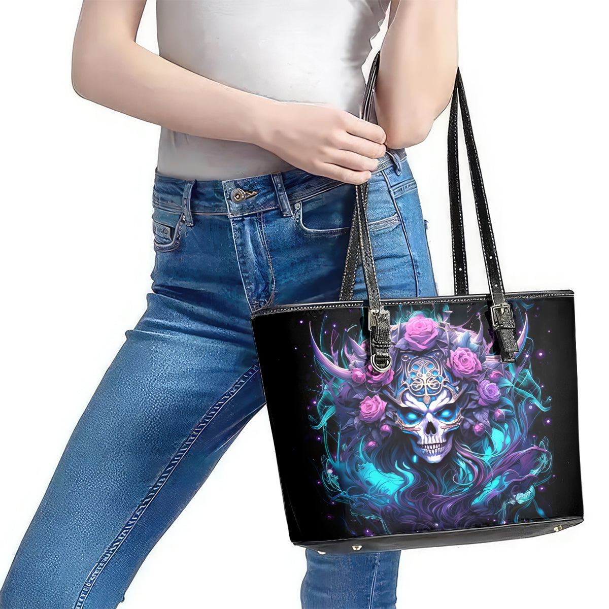 Rose Skull Leather Tote Bag I'm Never Alone My Demons Are With Me 24/7 DT01
