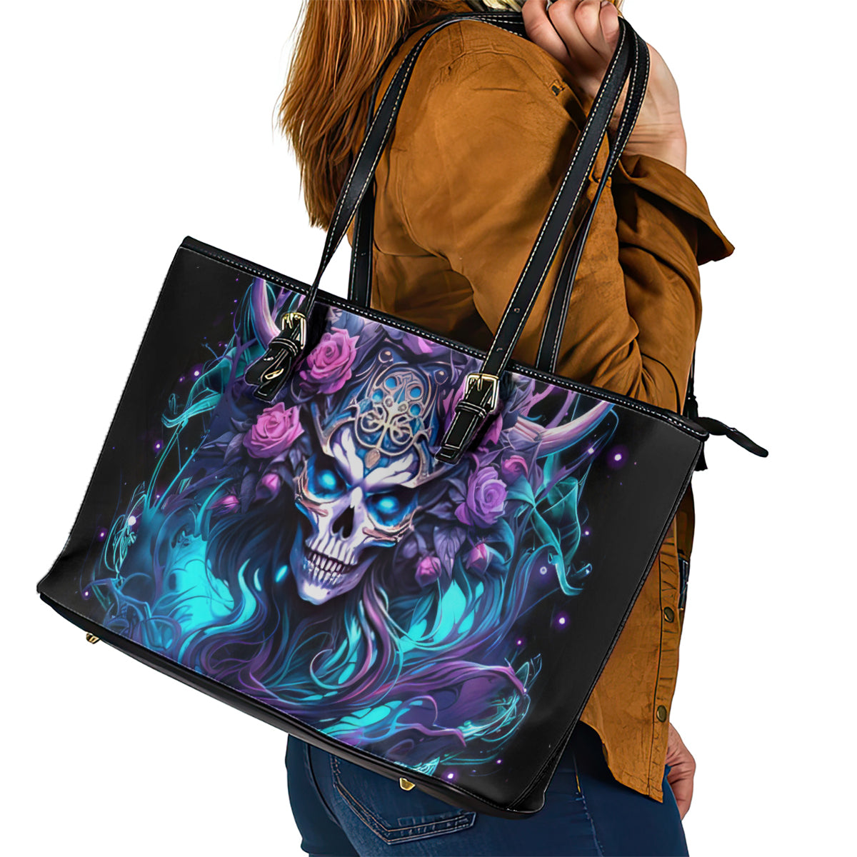 Rose Skull Leather Tote Bag I'm Never Alone My Demons Are With Me 24/7 DT01