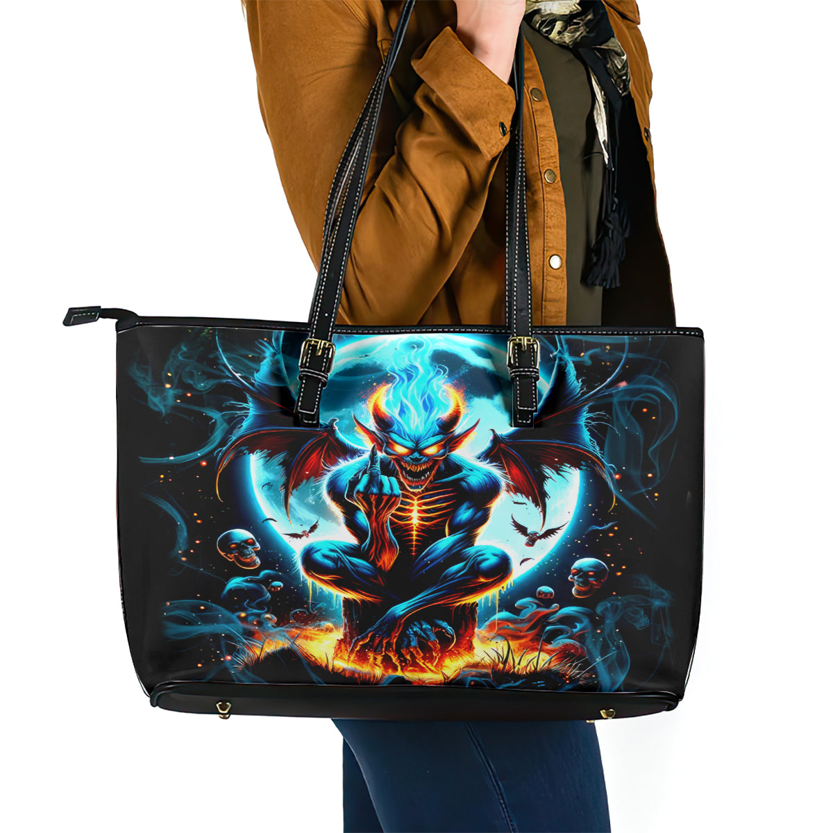Devil Skull Leather Tote Bag One Day I'm Gonna Just Say And Let My Demons Out Play DT01
