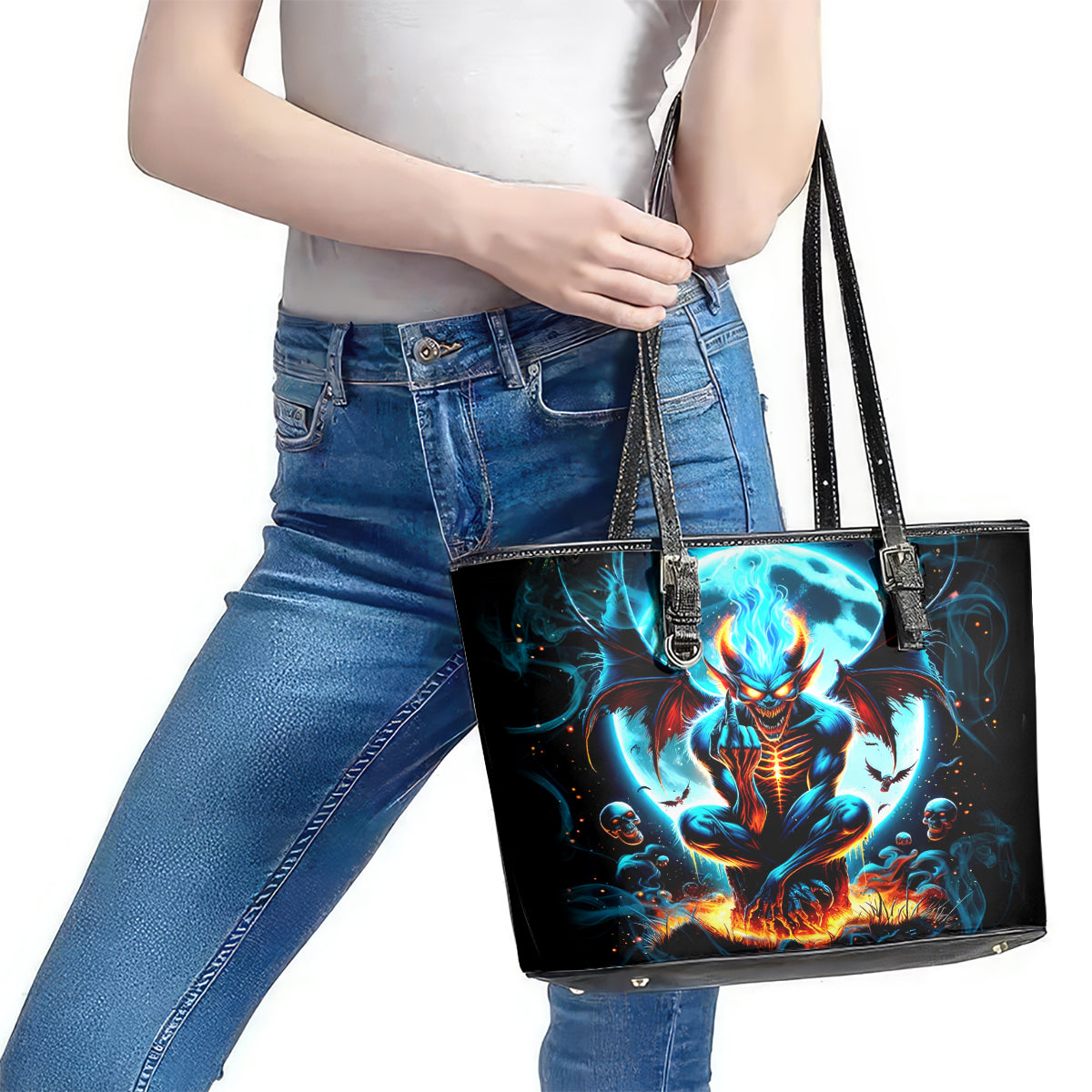 Devil Skull Leather Tote Bag One Day I'm Gonna Just Say And Let My Demons Out Play DT01