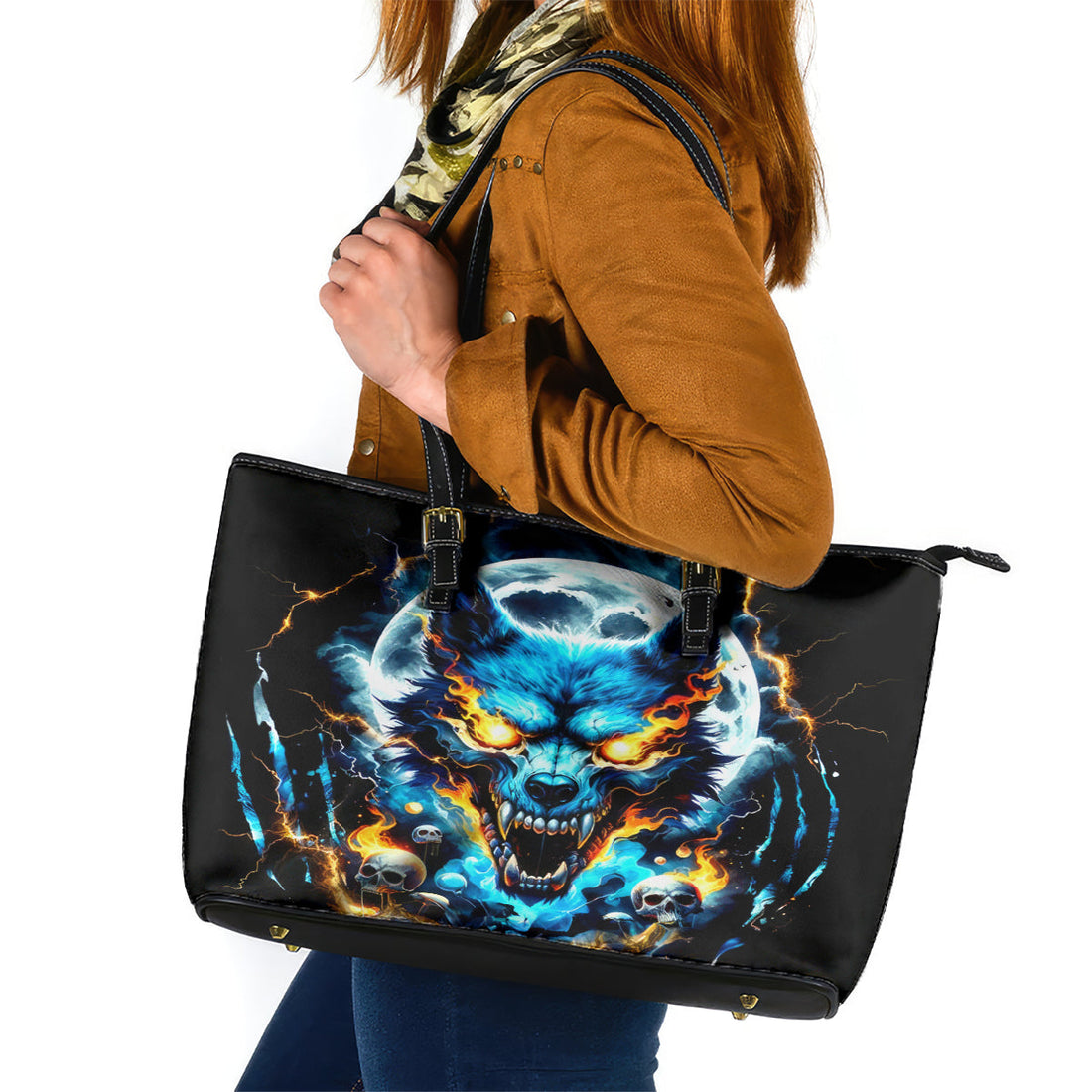 Wolf Skull Leather Tote Bag Born As Human But Wolft At Heart DT01