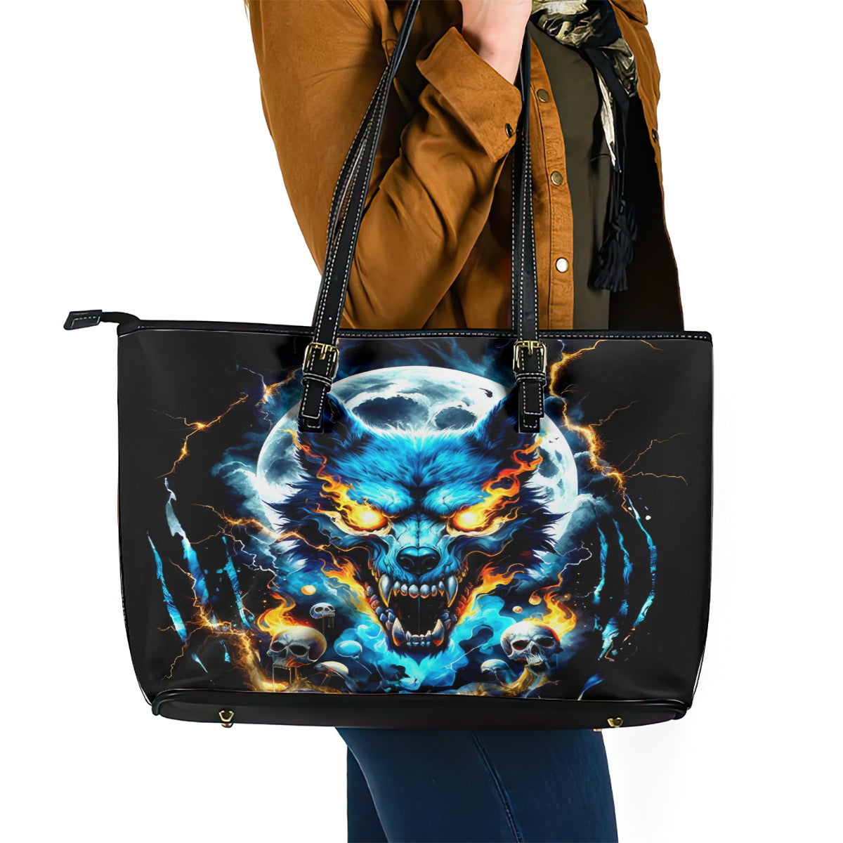 Wolf Skull Leather Tote Bag Born As Human But Wolft At Heart DT01