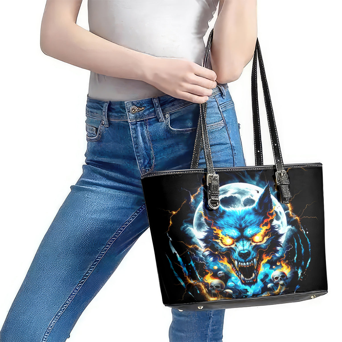 Wolf Skull Leather Tote Bag Born As Human But Wolft At Heart DT01