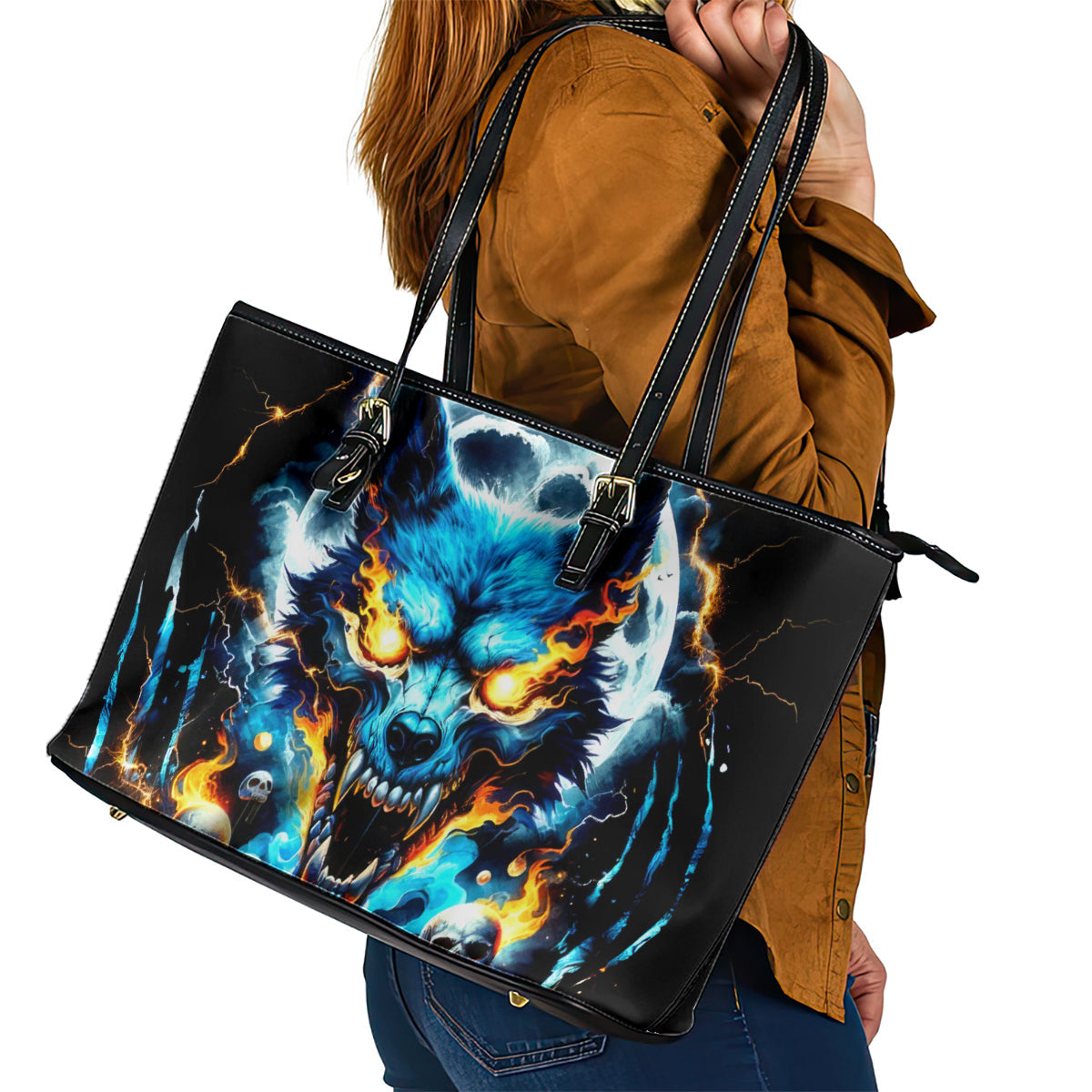 Wolf Skull Leather Tote Bag Born As Human But Wolft At Heart DT01