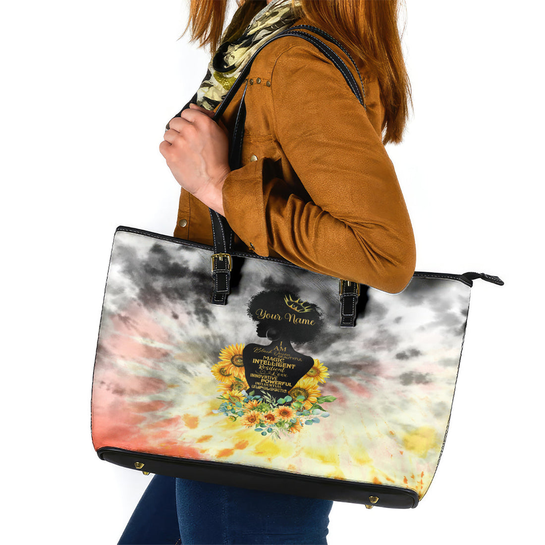 I Am Black Queen Leather Tote Bag Flowers Retro Style DT02