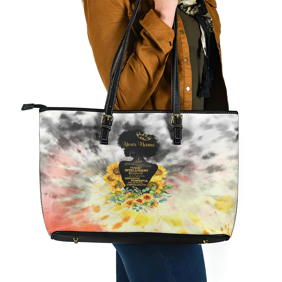 I Am Black Queen Leather Tote Bag Flowers Retro Style DT02