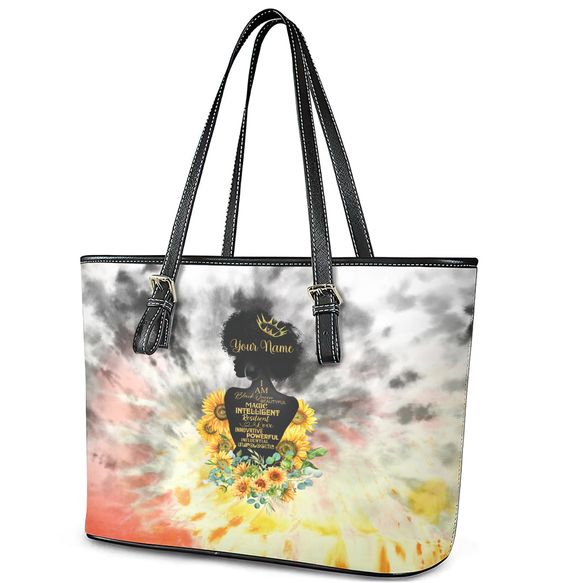 I Am Black Queen Leather Tote Bag Flowers Retro Style DT02