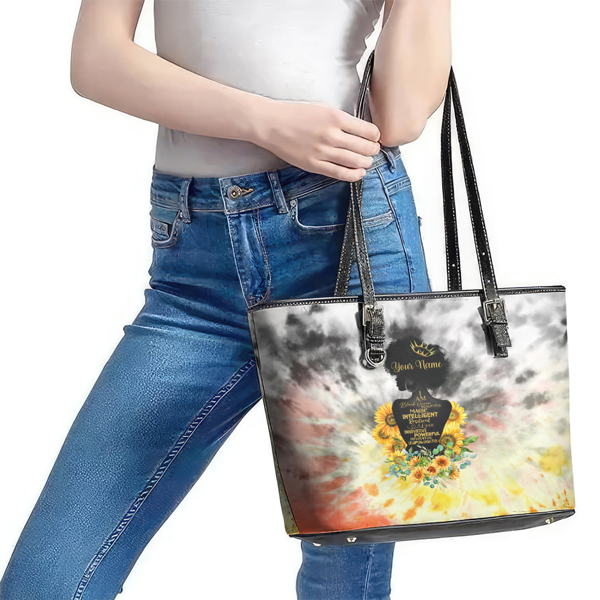 I Am Black Queen Leather Tote Bag Flowers Retro Style DT02