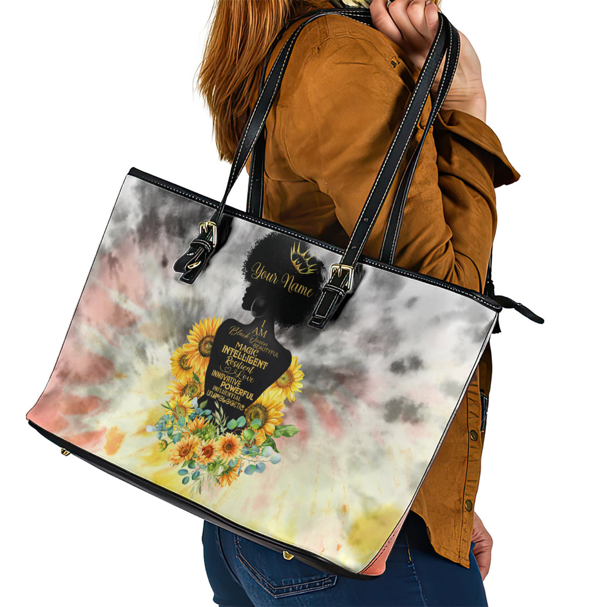 I Am Black Queen Leather Tote Bag Flowers Retro Style DT02