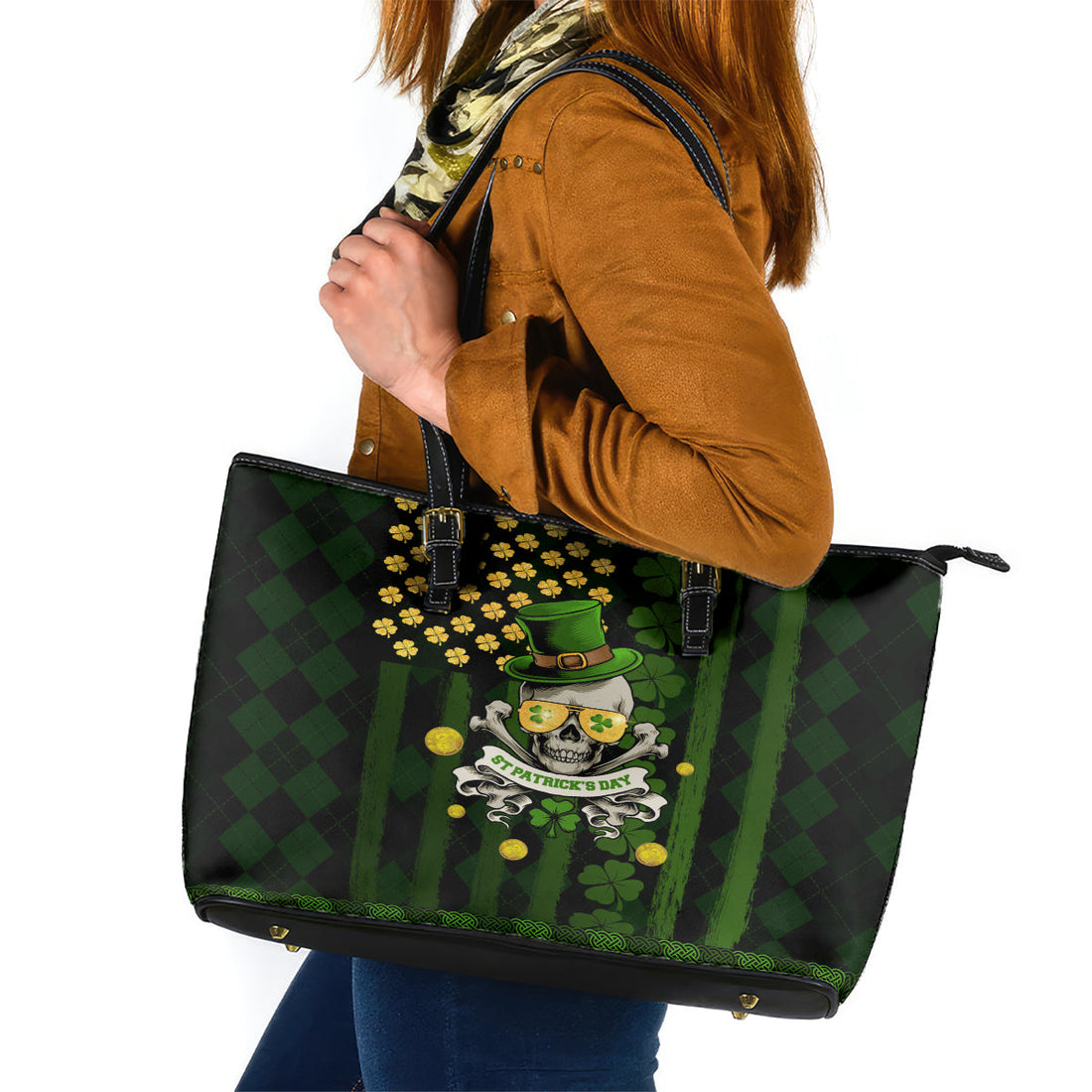 St Patrick's Day Skull Leather Tote Bag American Flag Shamrock DT02