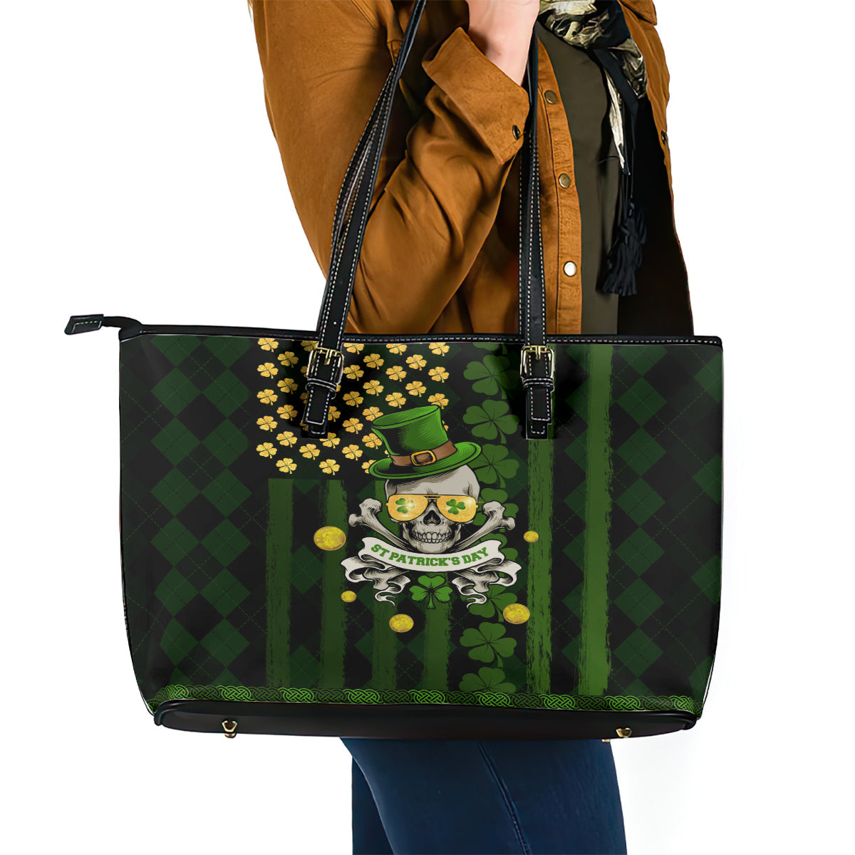 St Patrick's Day Skull Leather Tote Bag American Flag Shamrock DT02