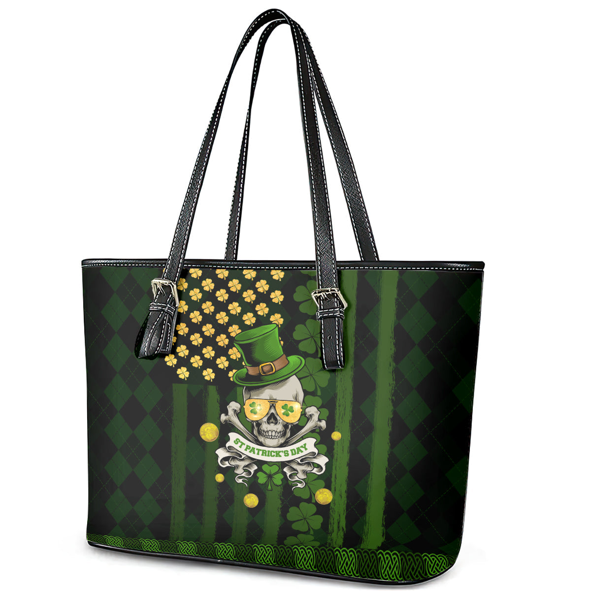 St Patrick's Day Skull Leather Tote Bag American Flag Shamrock DT02