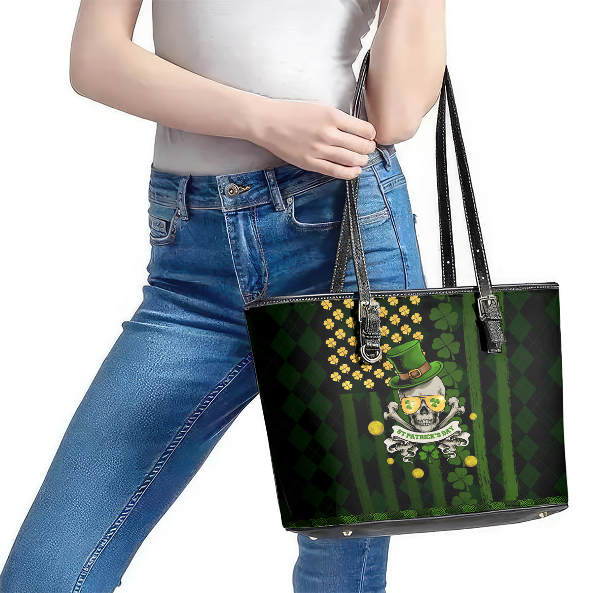 St Patrick's Day Skull Leather Tote Bag American Flag Shamrock DT02