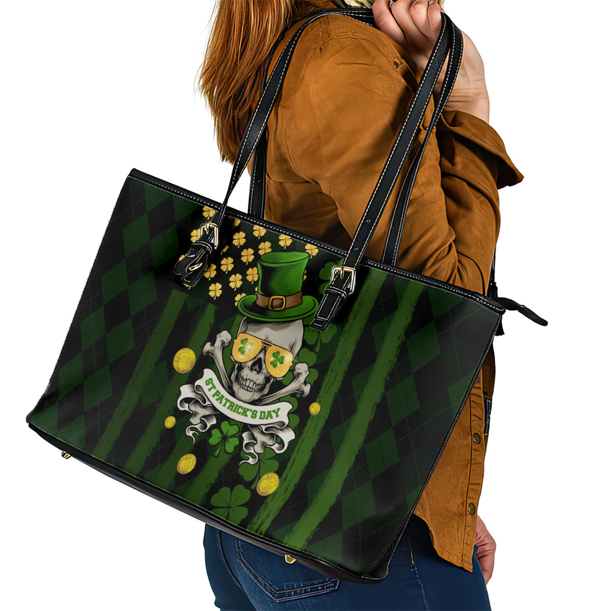 St Patrick's Day Skull Leather Tote Bag American Flag Shamrock DT02