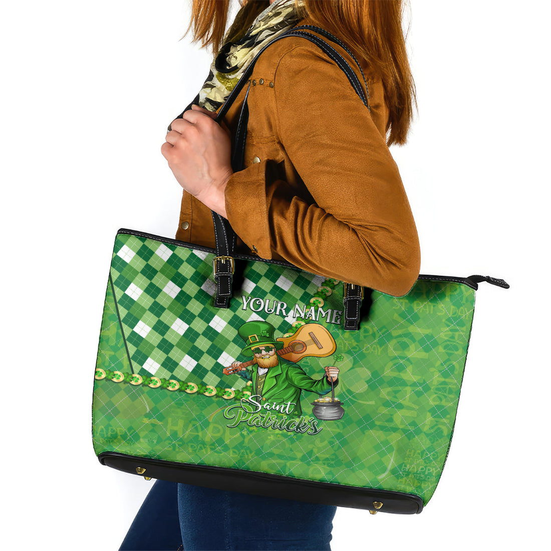 Personalized Happy St Patrick's Day Leather Tote Bag Irish Leprechaun DT02