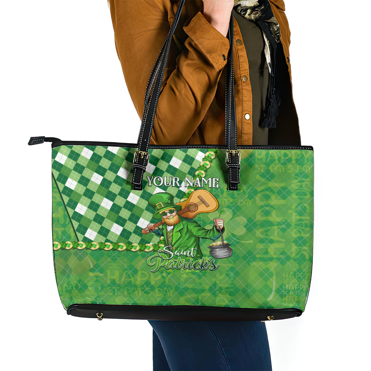 Personalized Happy St Patrick's Day Leather Tote Bag Irish Leprechaun DT02