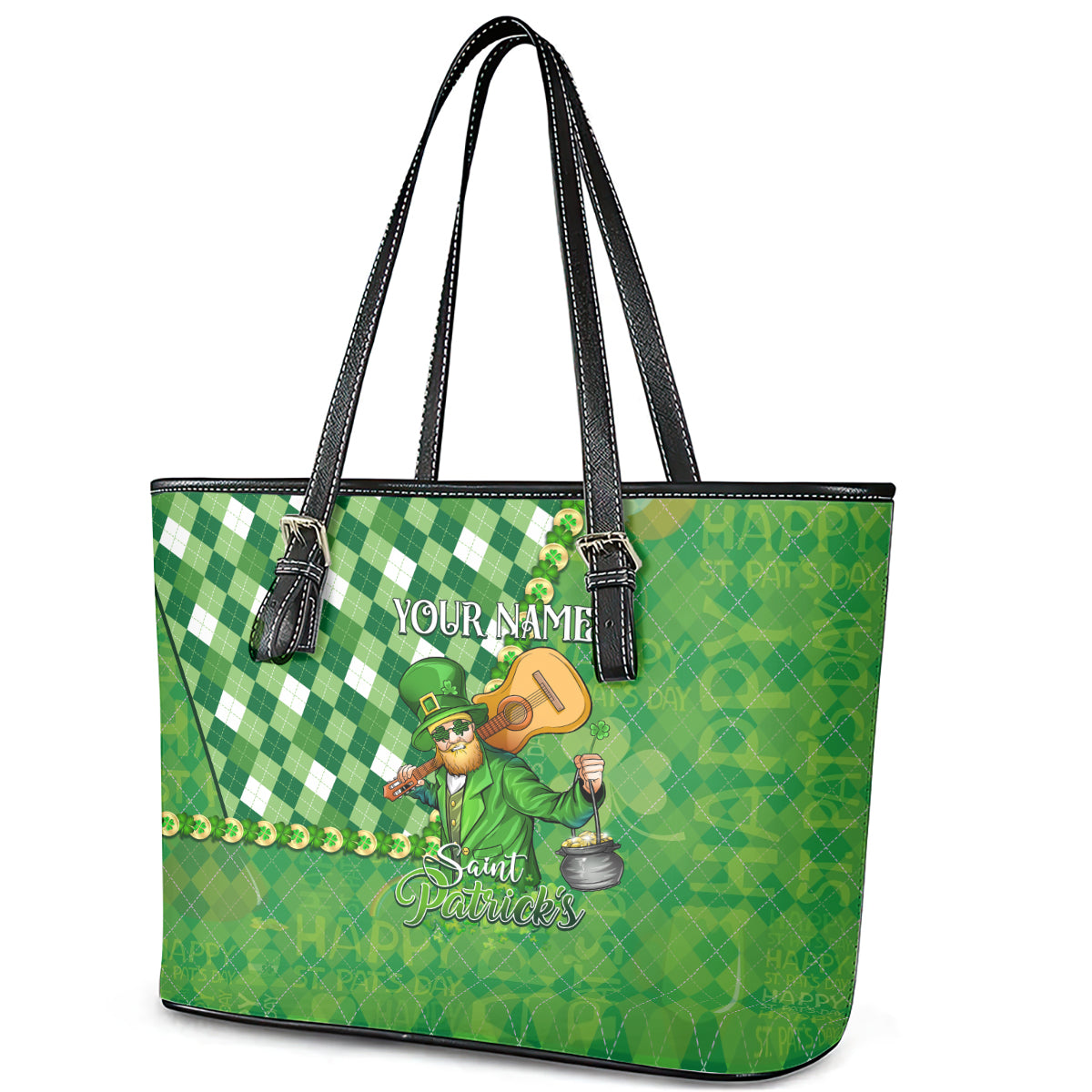 Personalized Happy St Patrick's Day Leather Tote Bag Irish Leprechaun DT02