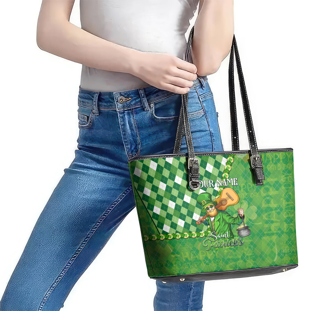 Personalized Happy St Patrick's Day Leather Tote Bag Irish Leprechaun DT02