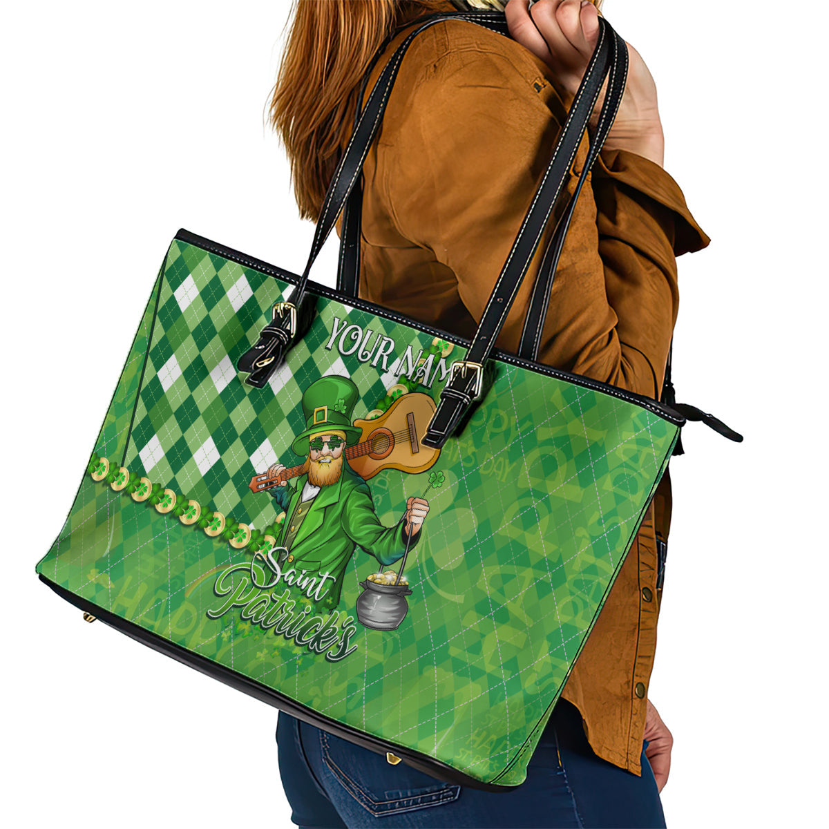 Personalized Happy St Patrick's Day Leather Tote Bag Irish Leprechaun DT02